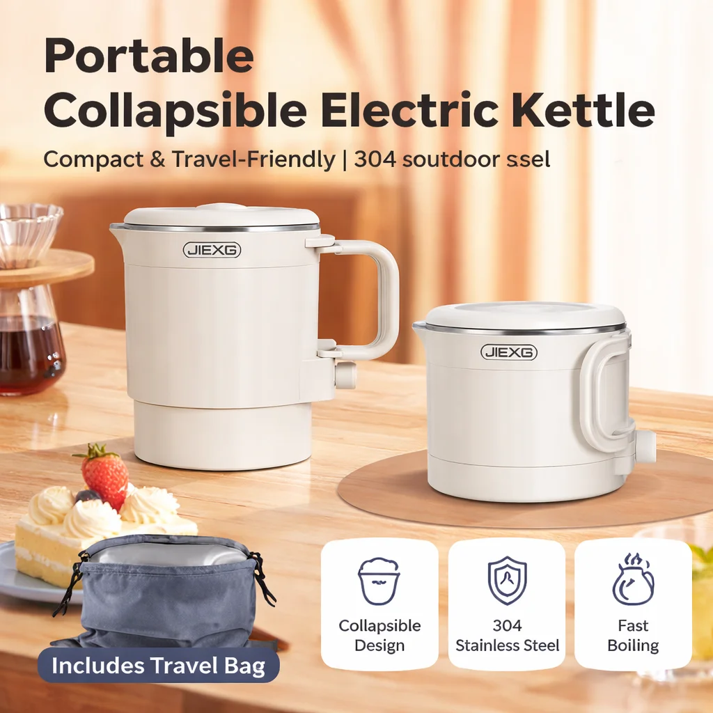 Portable Foldable Travel Electric Kettle 304 Stainless Steel Fast Boiling Mini Water Heater For Camping, Office, Home