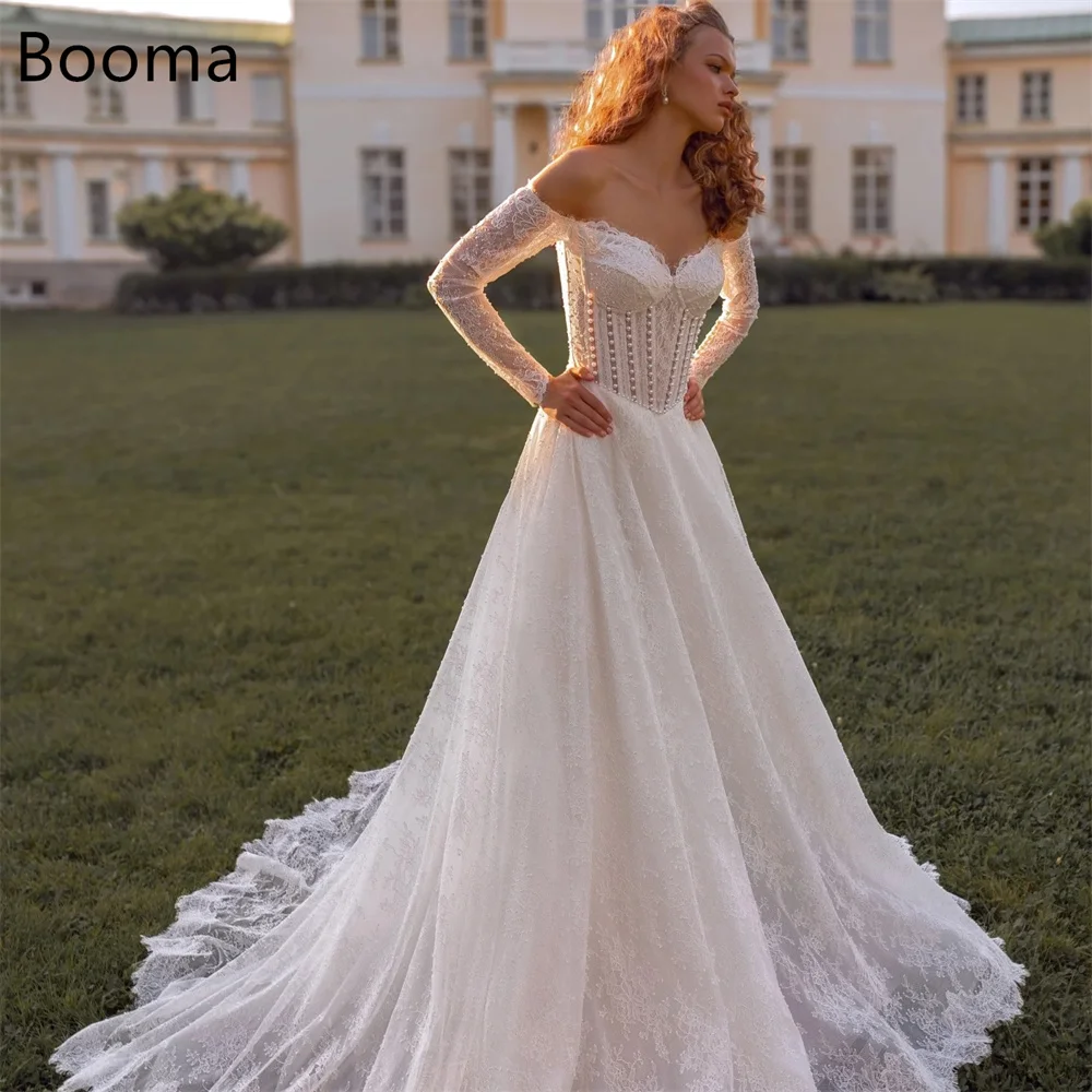

Booma A-Line Princess Off The Shoulder Lace Pearls Elegant Wedding Dresses Long Sleeve Brides Gown Custom Made 2025