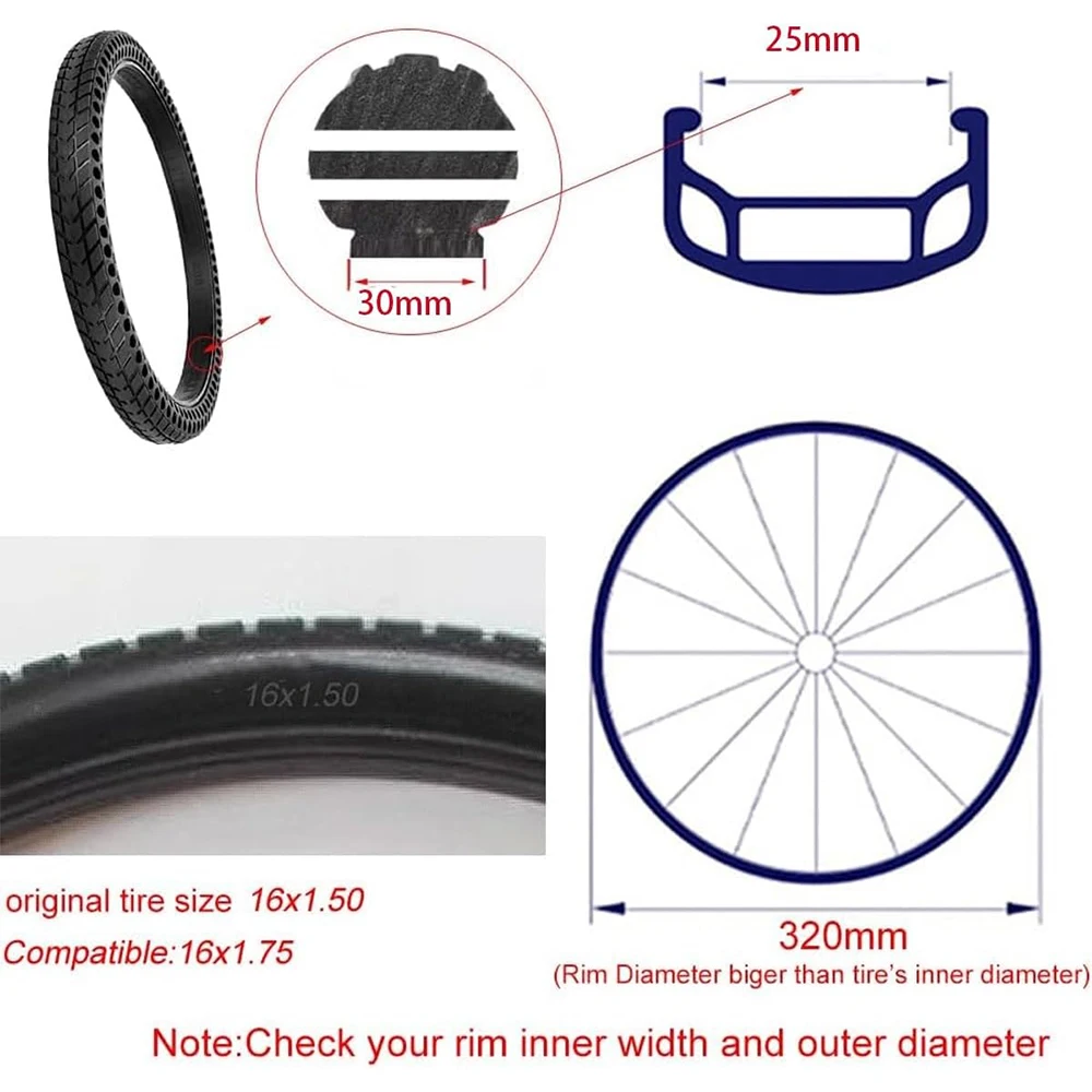 CATAZER 16 Inch Bicycle Solid Tire 16x 1.5/1.75 Non-pneumatic Airless Ever Tire with Cushioning Perforated Shock Absorbing Tyre