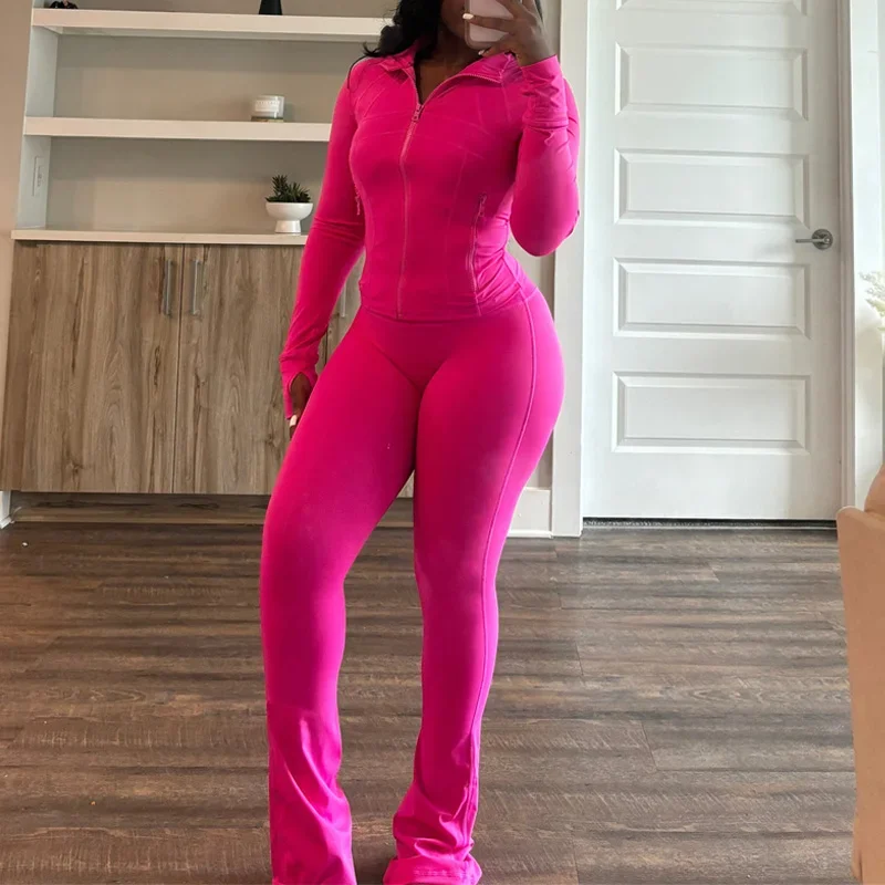 Women Set Autumn Sexy Tight Jacket And Flared Wide Leg Pants Sets Casual Two Piece Set Tracksuit Fitness Jogger Set