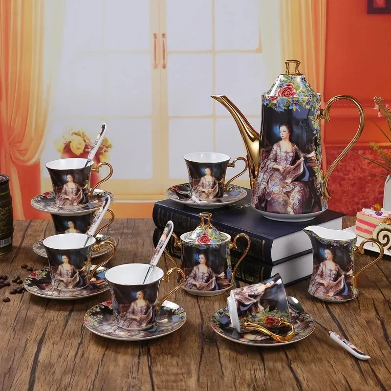 

Винтажный фарфоровый кофейный набор Bone Coffee Sets: роскошный керамический кофейник, кофейные чашки и блюдца, сахарница, молочник. Свадебный подарок.