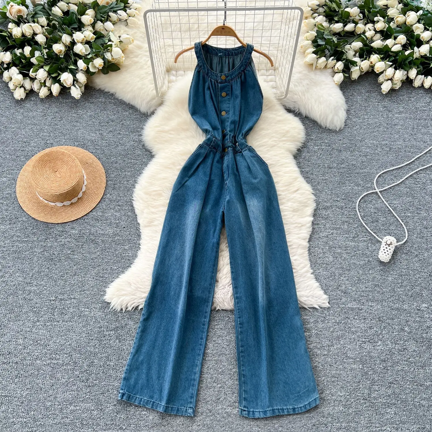 

Летний комбинезон в стиле темпераментного шеи, без рукавов, с открытой спиной, с высокой талией, тонкий широкий джинсовый комбинезон