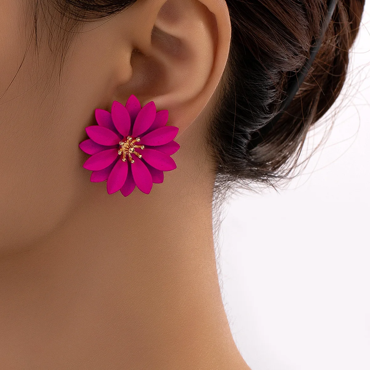 Ethnic Big Flower Stud Earrings for Women Party Fashion Vintage Rose Red Double Layer Enamel Floral Post Earring Jewelry Gifts