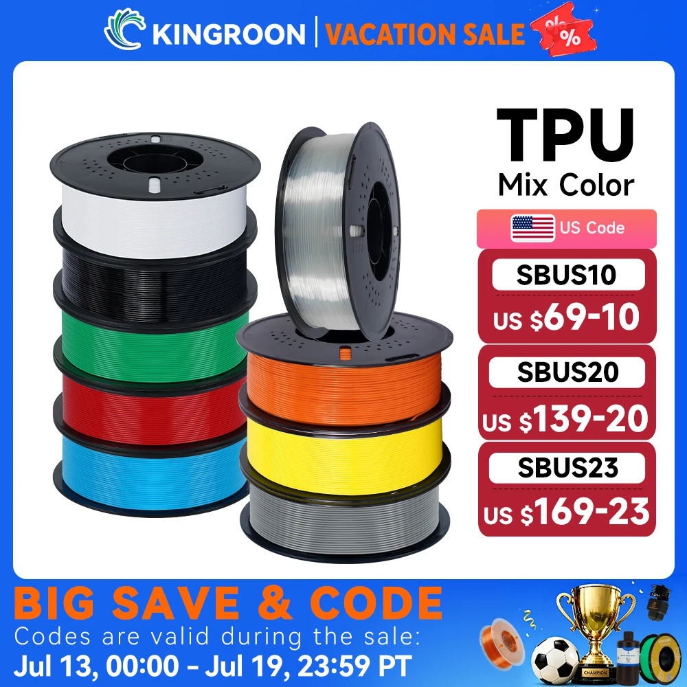 KINGROON Flexible TPU Filament 1.75mm, 5KG 10KG 3D Printing TPU Filament For 3D Printer, Soft 3D Plastic Material Non-Toxic