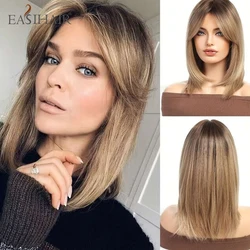 EASIHAIR Ombre Brown Blonde Wigs for Women Ash Blonde Wig with Curtain Bangs Shoulder Length Natural Synthetic Wig for Daily Use