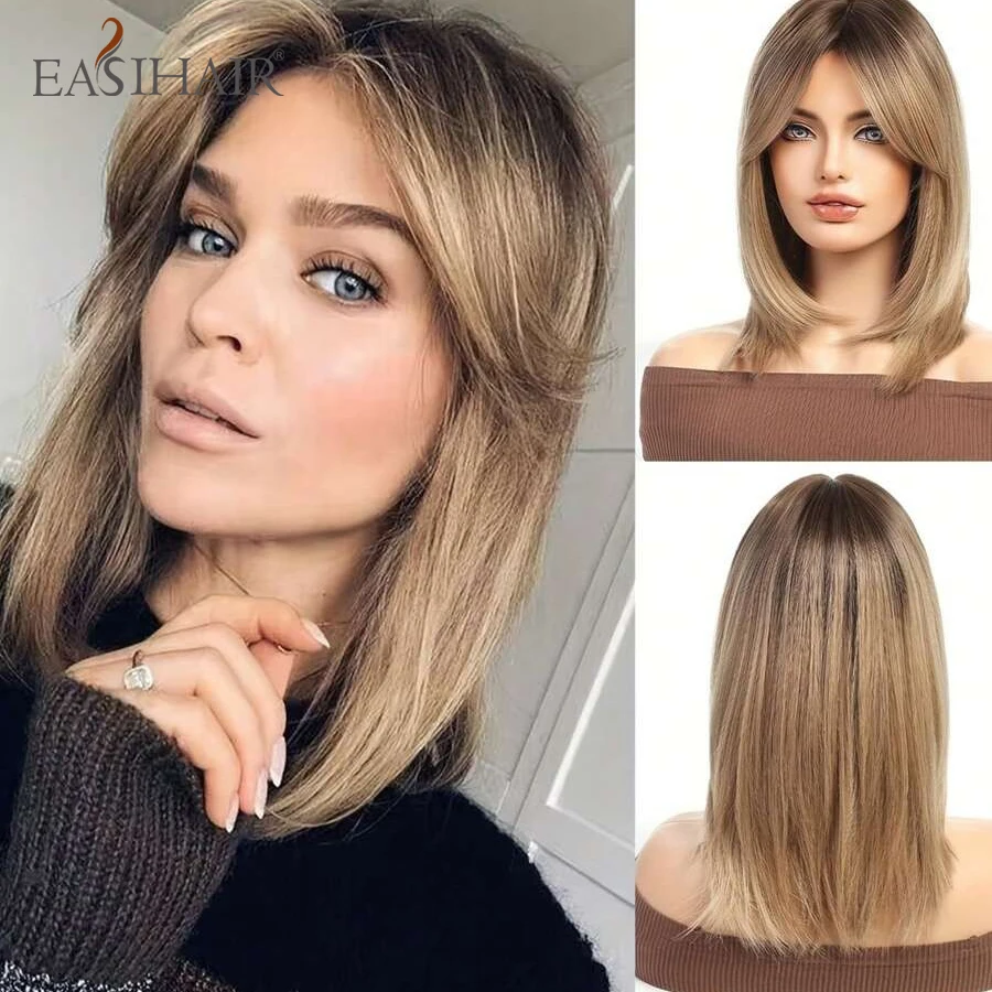 EASIHAIR Ombre Brown Blonde Wigs for Women Ash Blonde Wig with Curtain Bangs Shoulder Length Natural Synthetic Wig for Daily Use
