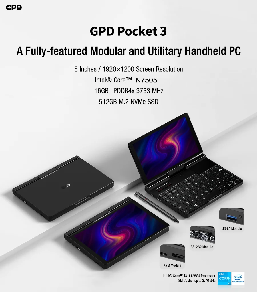 GPD Pocket 3 8'' Mini Handheld Laptop Intel Pentium Gold 7505 Touchscreen 180° Foldable Portable Notebook 16GB LPDDR4X 512GB SSD