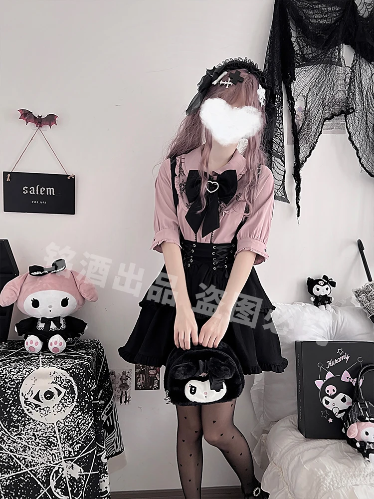 New Summer Japanese Girl Women's Cute Lace Bow Short Sleeve Shirt Blouses Suspender Skirt Mine Series Mass Production Skirt Suit image 2