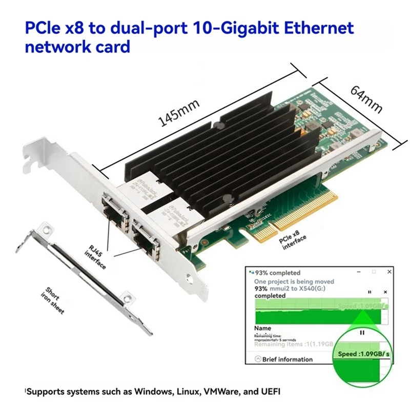 

X540-T2 10GbE Dual Port PCIe X8 Server Network Card 4 RJ45 10G NIC 10 Gigabit Ethernet Adapter Card for PC Laptop-ABVP