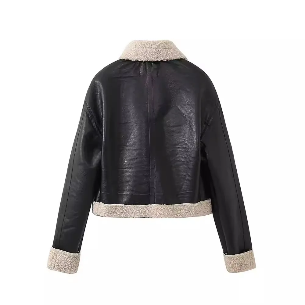 2024 Women\'s Winter New Sweet Fresh Temperament Double-Sided with Velvet Warm Imitation Leather Jacket