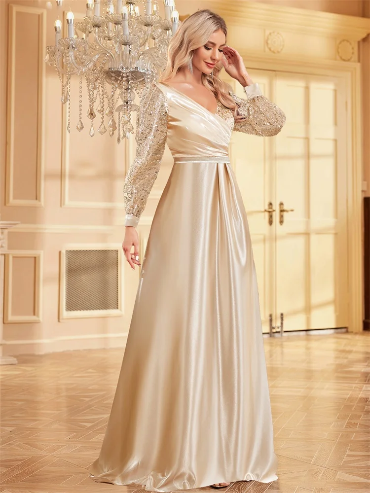 Lucyinlove PLUS ขนาด Luxury Gold V คอ Sequins FormaL ชุดราตรีผู้หญิง Elegant PARTY Maxi แขนยาวค็อกเทล Gowns