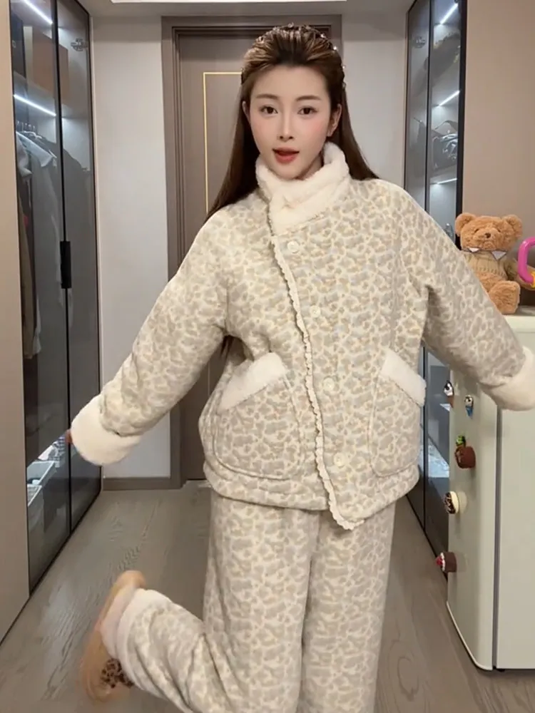 

Korean Style Stand Collar Floral Print Fleece Lined Thickened Sleepwear Two Piece Set Women's Autumn Winter New Warm Versatil...