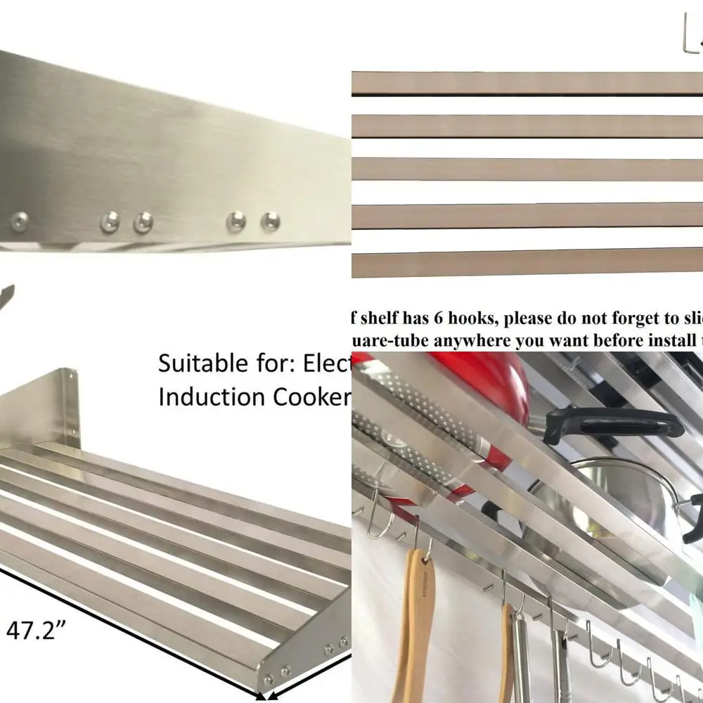 

Stainless Steel Wall Shelf Organizer with 6 Hooks, 200 lb Capacity, 47.2 x 11.5, Suitable for Electric and Induction Cookware