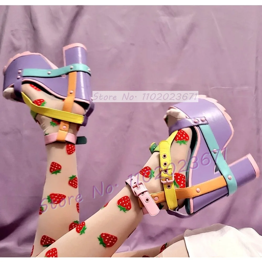 

Colorful Cross Strap Platform Chunky Heels Sandals Women Belt Buckles Rivets Cool Wedges Shoes Female Fashion High Heels Sandals