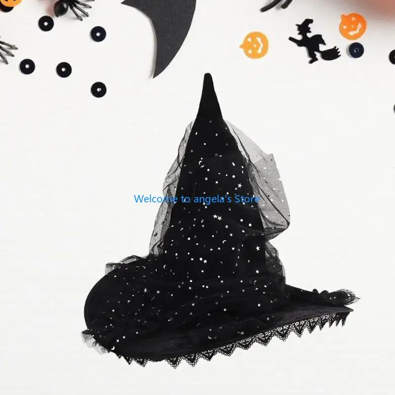 X4YC Spooky Witch Hat for Halloween Party Lace Sheer Accessories Unique Wizard Hat