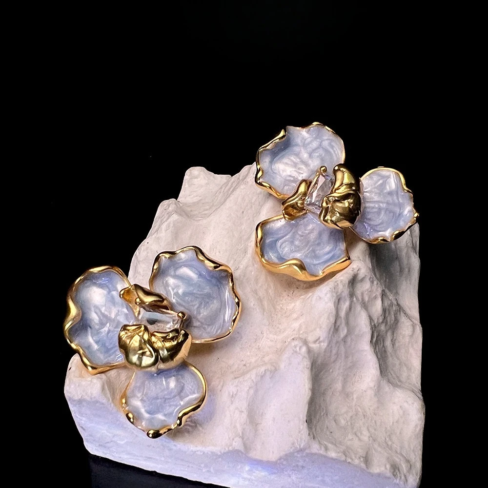 

Haute Couture Flower Earrings Elegant Sculptural Blue Petal Clip-Ons with Glossy Enamel Finish for Artistic or Formal Styling