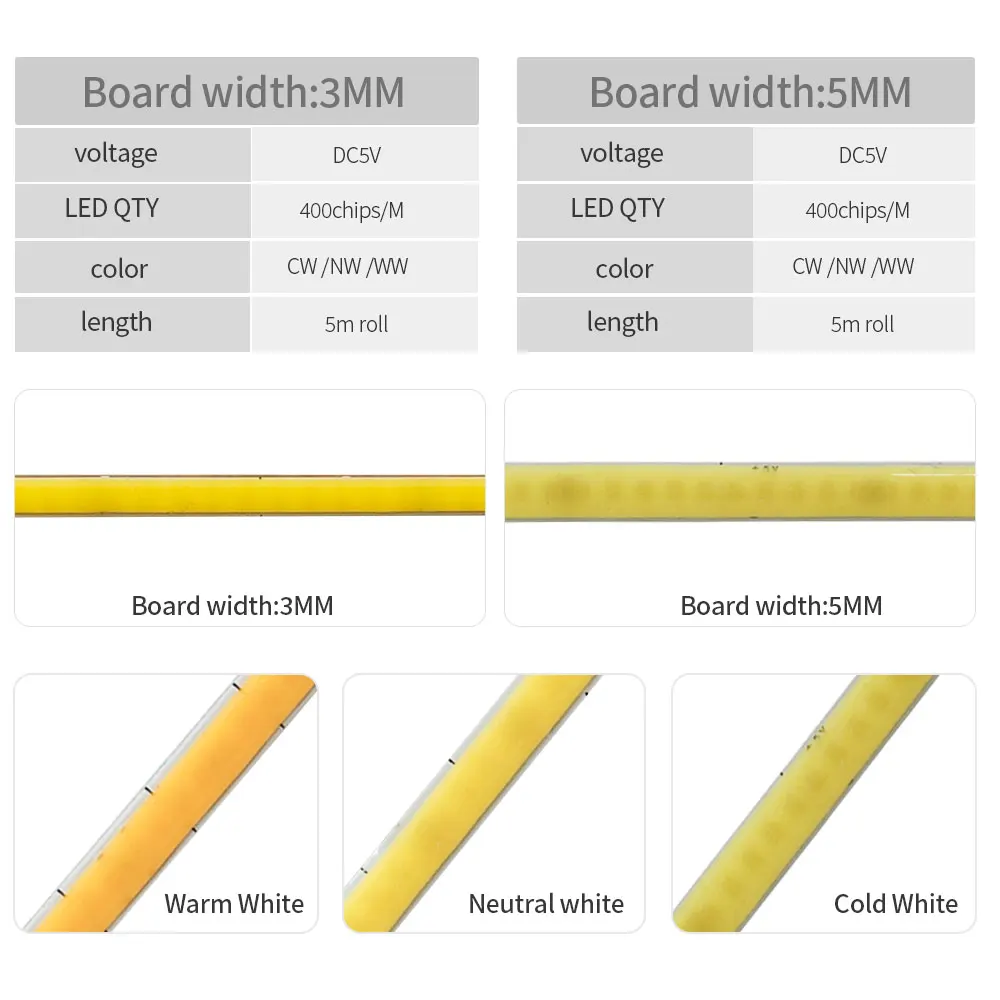 Liniowa ściemnialna taśma LED 5V COB 3mm 5mm 400LEDs/M Elastyczna taśma LED do dekoracji pokoju 3000K 4000K 6000K 1M 5M