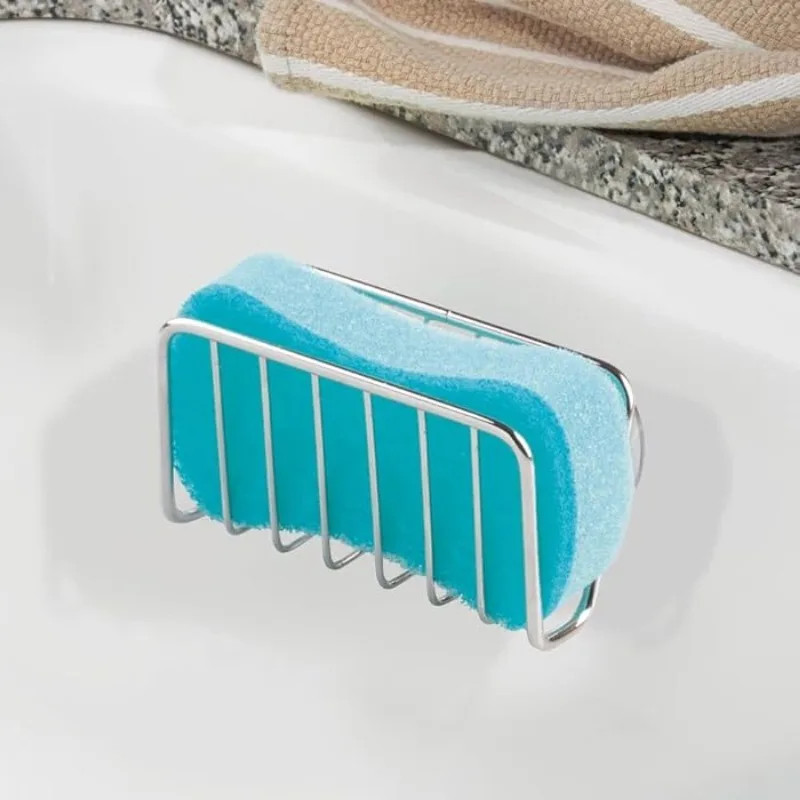 Suction Cup Sponge Holder Stainless Steel Wall Mounted Kitchen Sink Organizer Rack Draining Storage Basket for Sponge Scourer