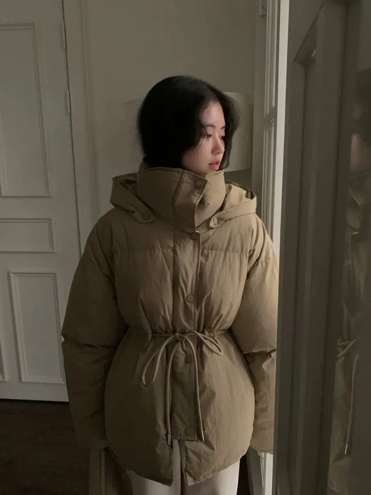 دافئ Dstring الخصر مقنعين القطن Jaet ort المرأة Sle خمر العصرية تخفيف طويل Sve سستة معطف لون نقي