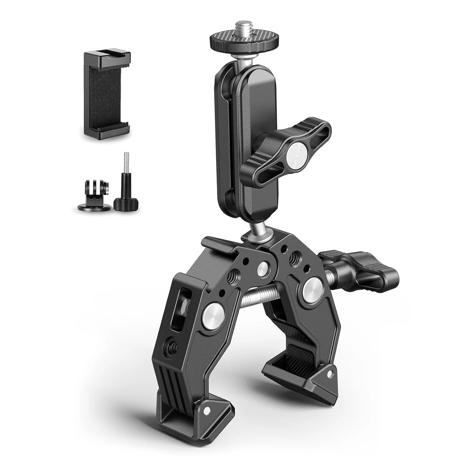 

360° Super Clamp with Magic Arm, Dual Ball Head, 1/4"-3/8" Adapter for DSLR, GoPro, Phone, Tripod, Bike, Light Stand