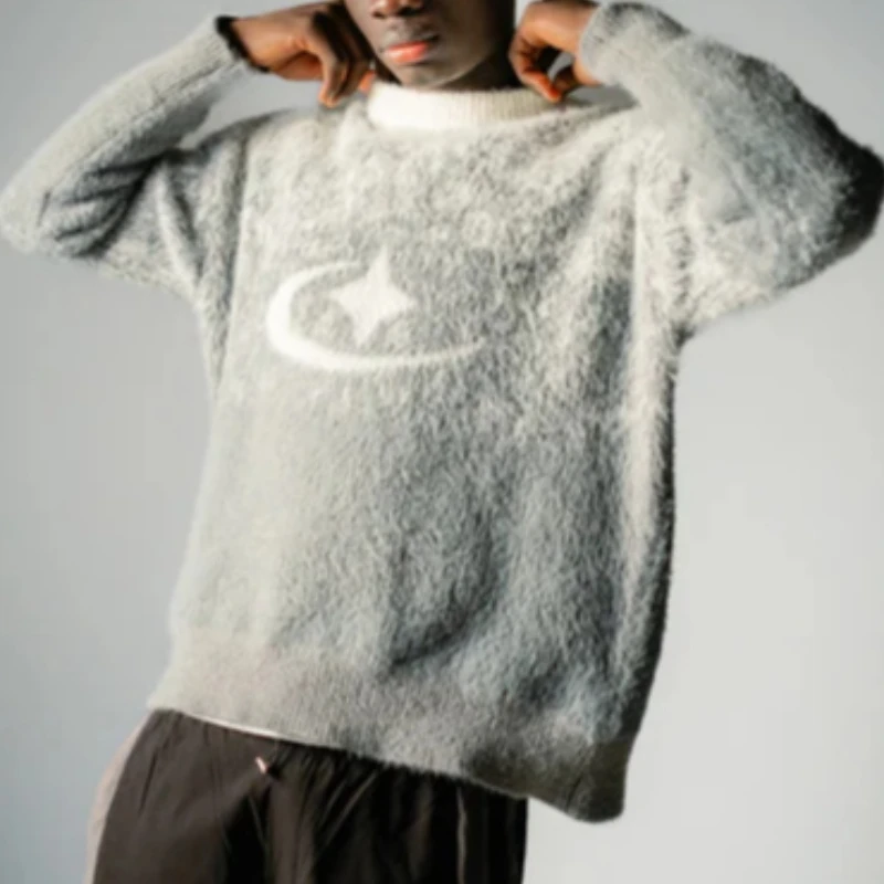 

Серый пушистый свитер со звездами омбре, вязаный пуловер унисекс с градиентом, уличная одежда Y2K, повседневный мягкий вязаный джемпер для мужчин и женщин