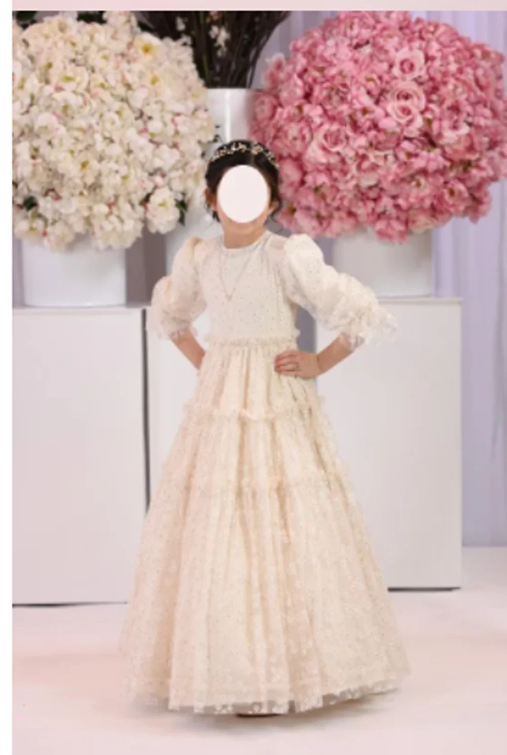 Robe longue en dentelle à fleurs pour petite fille, col rond, manches bouffantes, tenue de fête de mariage