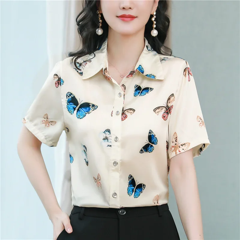 

Satin Women's Blouses Korean Shirts FASHION Loose Spring/Summer Vintage Clothing Printed Short Sleeve Women Tops