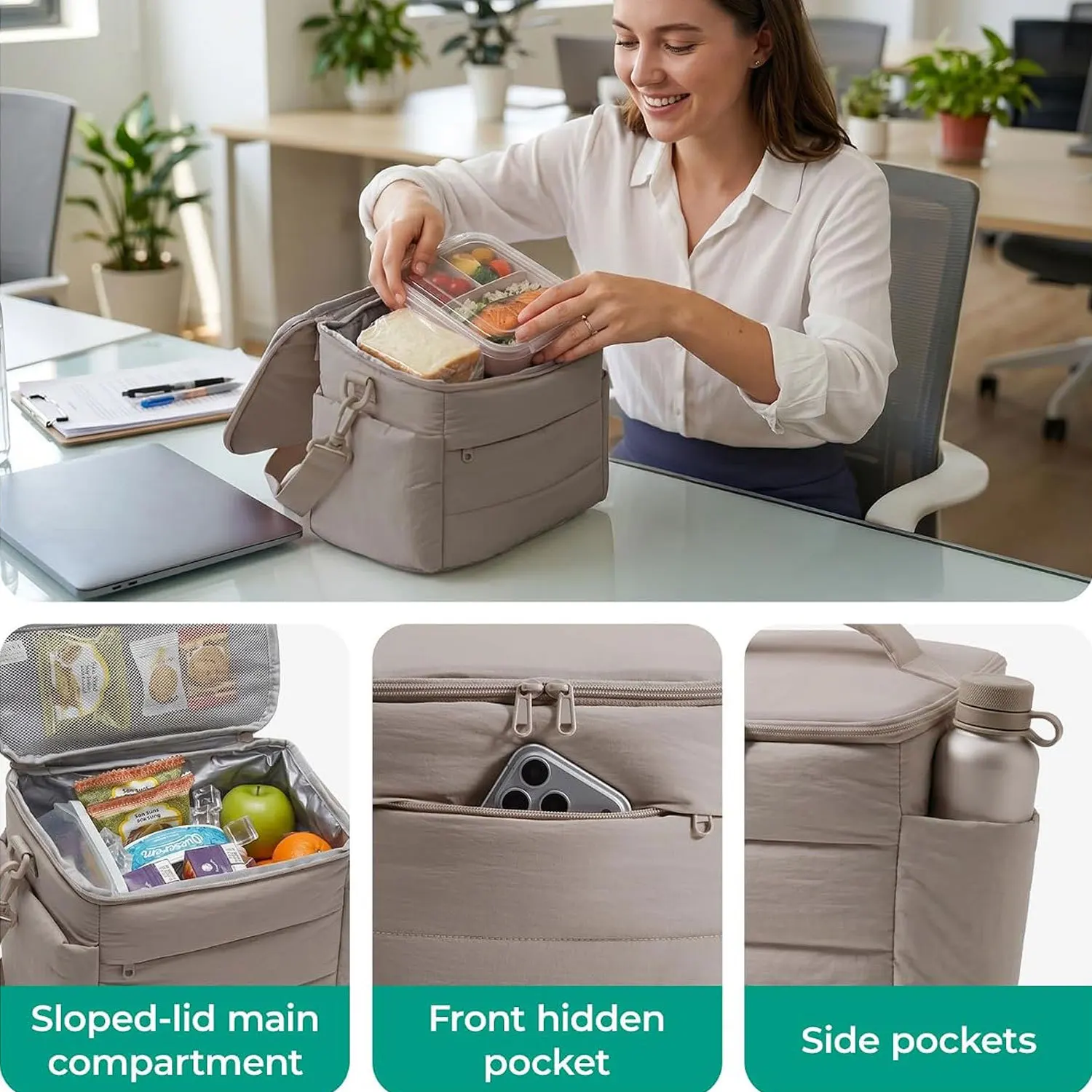 Soft Insulated Lunch Bag Portable Thermal Bento Cooler Bag With Detachable Shoulder Strap Multi Pockets Food Storage Bag