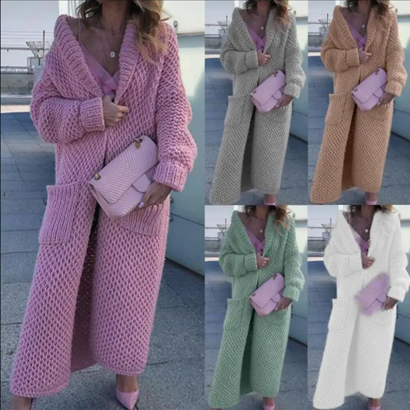 Winter Clothes Women Solid Turn Down Collar Long Sleeved Coat Knitted Cardigan Oversized Cardigan Thick Sweaters for Women Tops