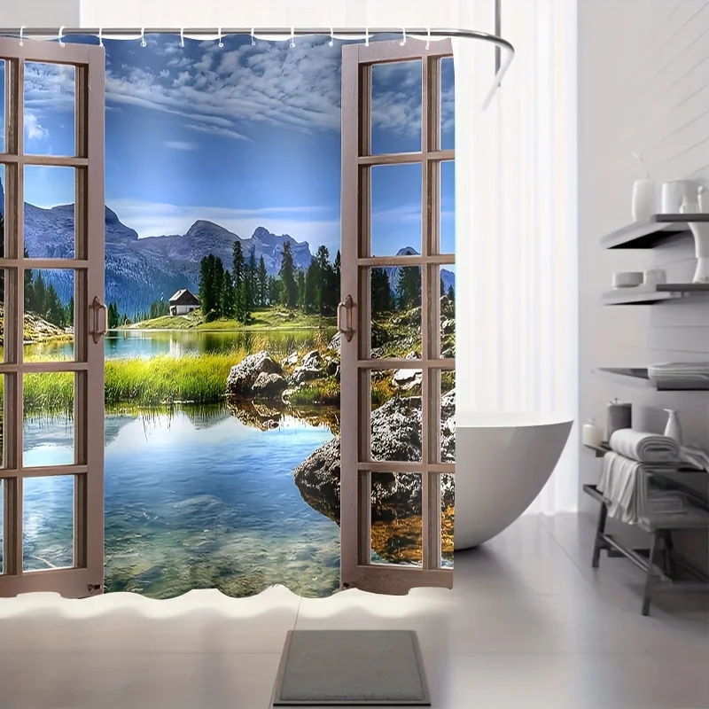 2D Flat, JIT1pcs Window Outdoor Beautiful View Pattern 2D Flat Shower Curtain, Bathroom Curtain Shower Curtain, Shower Curtain H