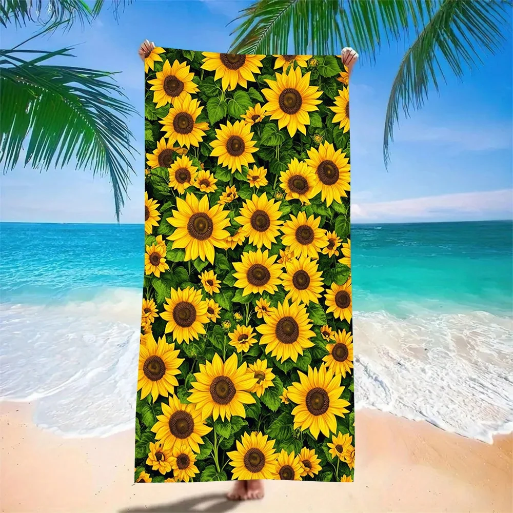 Sunflower Beach Towel Set - Vibrant Yellow Floral Print Quick-Dry Microfiber Sand-Free Bath Towels for Pool, Ocean & Travel