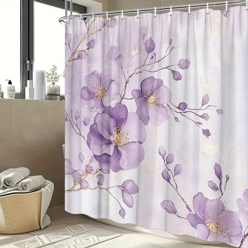 

1 цветочная занавеска для душа с рисунком лаванды и фиолетовой вишни с золотыми акцентами и крючками, полиэфирная ткань