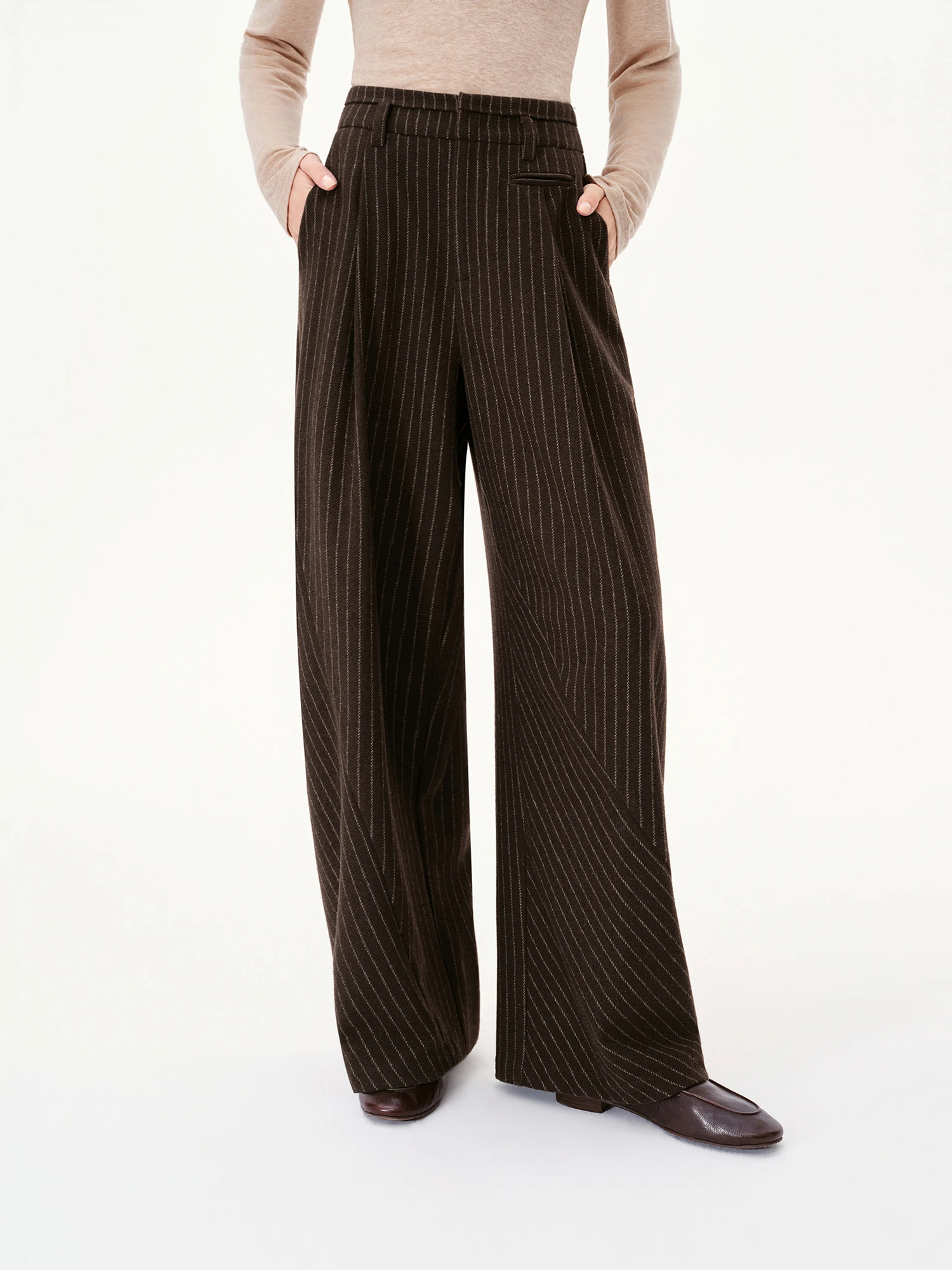 FSLE 【Premium Series】Women Wool Blend Striped Wide Leg Pants Figure Flattering Curved Silhouette Casual Trousers 2026 Winter New
