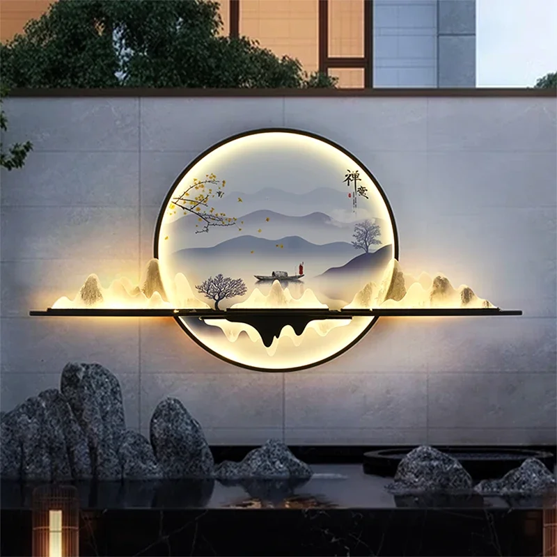 PLLY Solar Outdoor Mural Lamp Creative Circular Landscape Waterproof Mural Outdoor Villa Courtyard Garden Decoration Painting