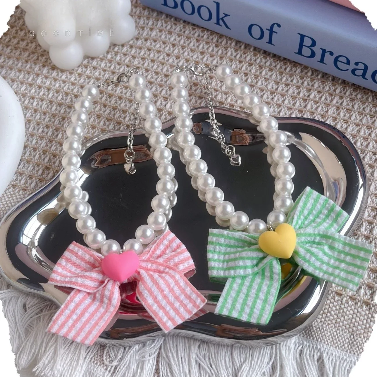 

Pet Spring/Summer Pearl Necklace Adjustable Cat/Dog Collar Color Contrasting Checkered Bow Love Dog Accessories Puppy