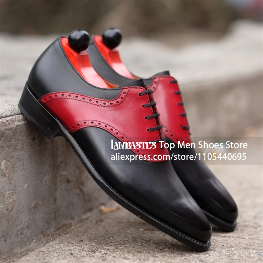 Zapatos Oxford Brogue Bicolor Negro y Rojo con Punta Puntiaguda y Cordones, Estilo Vintage, Formales de Negocios, de Cuero para Hombre
