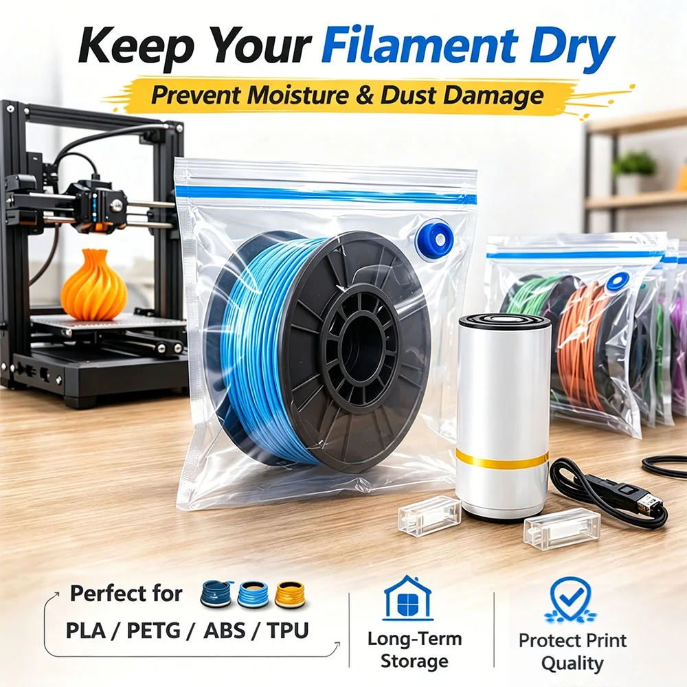 

Moisture Proof 3D Printing Filament Vacuum Bag Kit Portable USB Air Pump Vacuum Sealed Pouch Keeps PLA ABS PETG Filament Dry