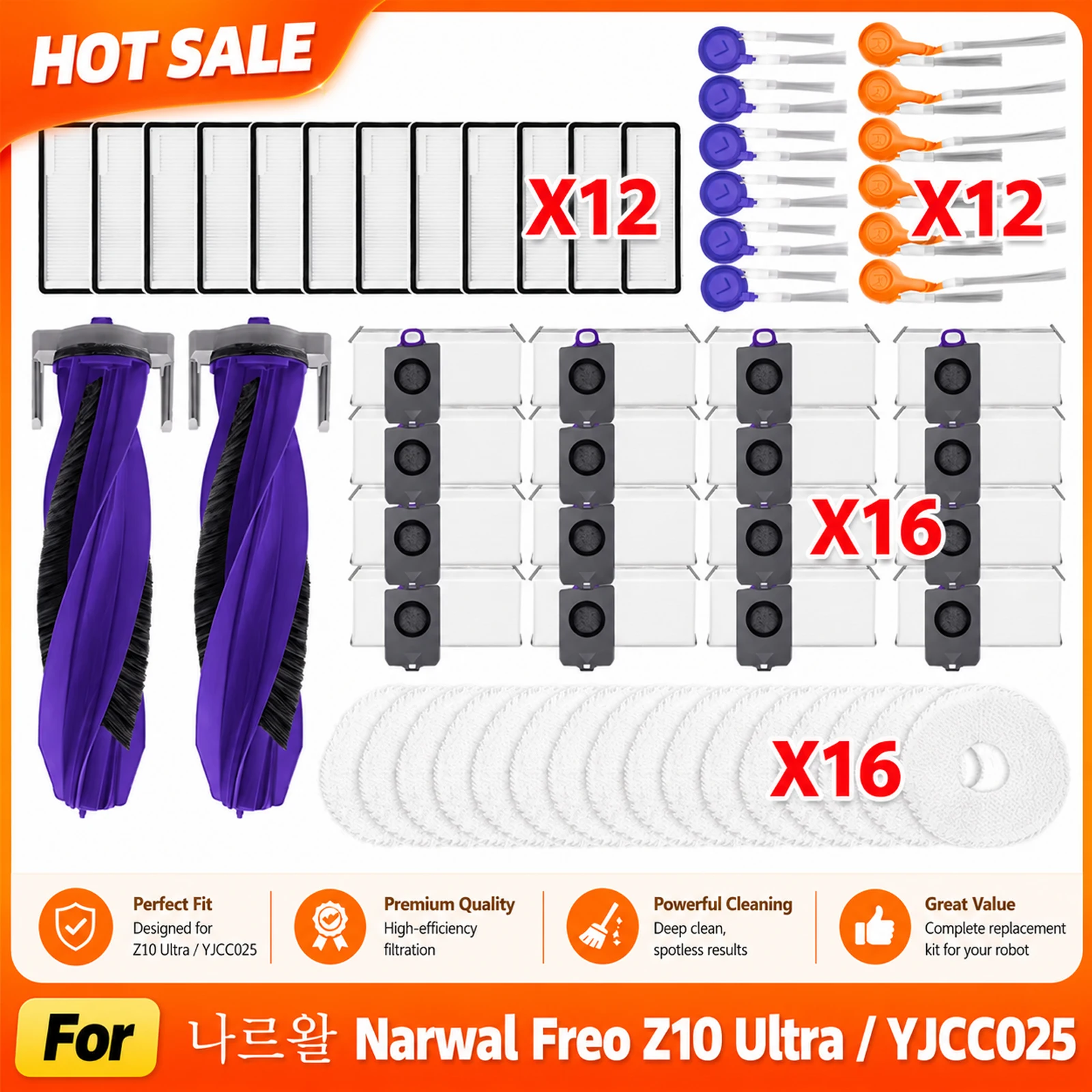 Compatible For ( 나르왈 Narwal Freo Z10 Ultra / YJCC025 ) Vacuum Main Side Brush Filter Mop Pad Dust Bag Accessories Replacement