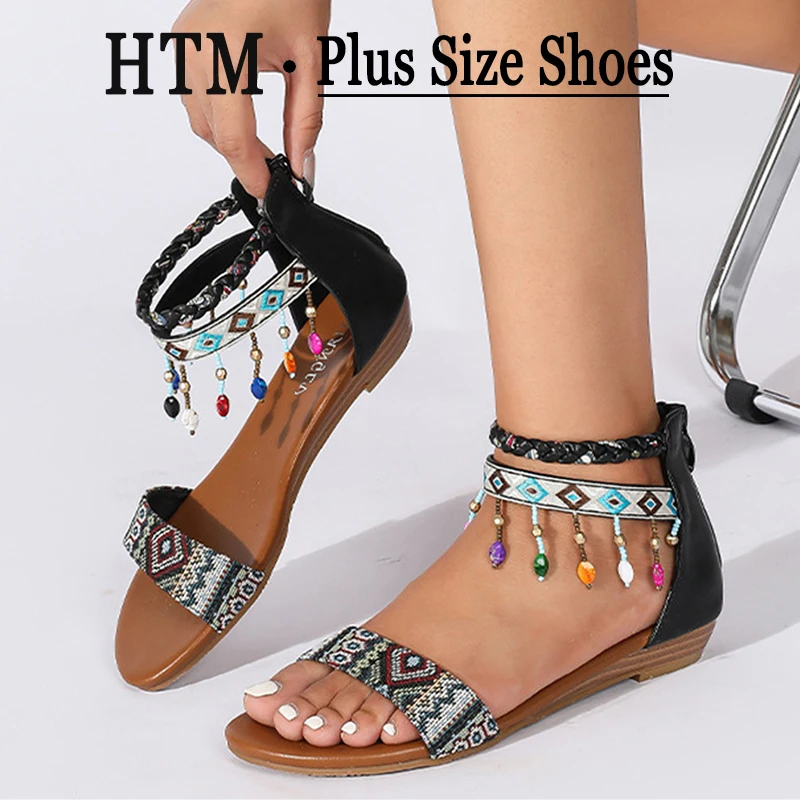 

сандали женские Women's Sandals 2026 Summer Back Zipper Beaded Tassel Women Shoes Roman Sandals Bohemian Sandalias De Mujer
