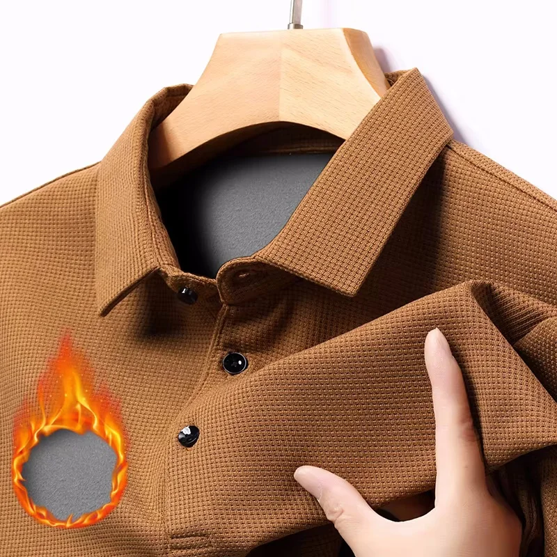 Waffle Fleece Thicken Fashion Polo Shirt Men Winter Warm Plush Business T-Shirt Tops Male Casual Button Lapel Long Sleeve Shirts