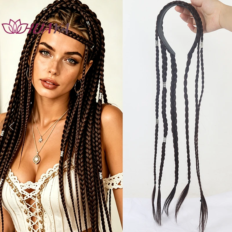 Boho Long Braids Wig Headband, High‑Temp Synthetic Hair Hoop Silver Decor Festival Cosplay Hair Accessory