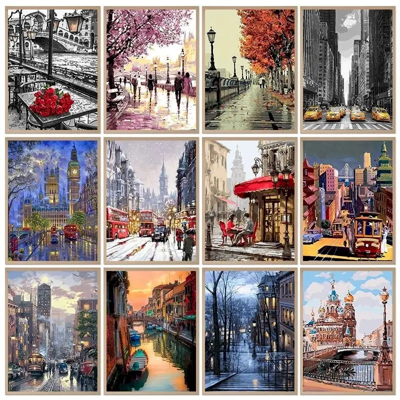 

CHENISTORY paint By Number Canvas Painting Kits Landscape Coloring By Numbers City Streets Acrylic Paints Gift Home Decor