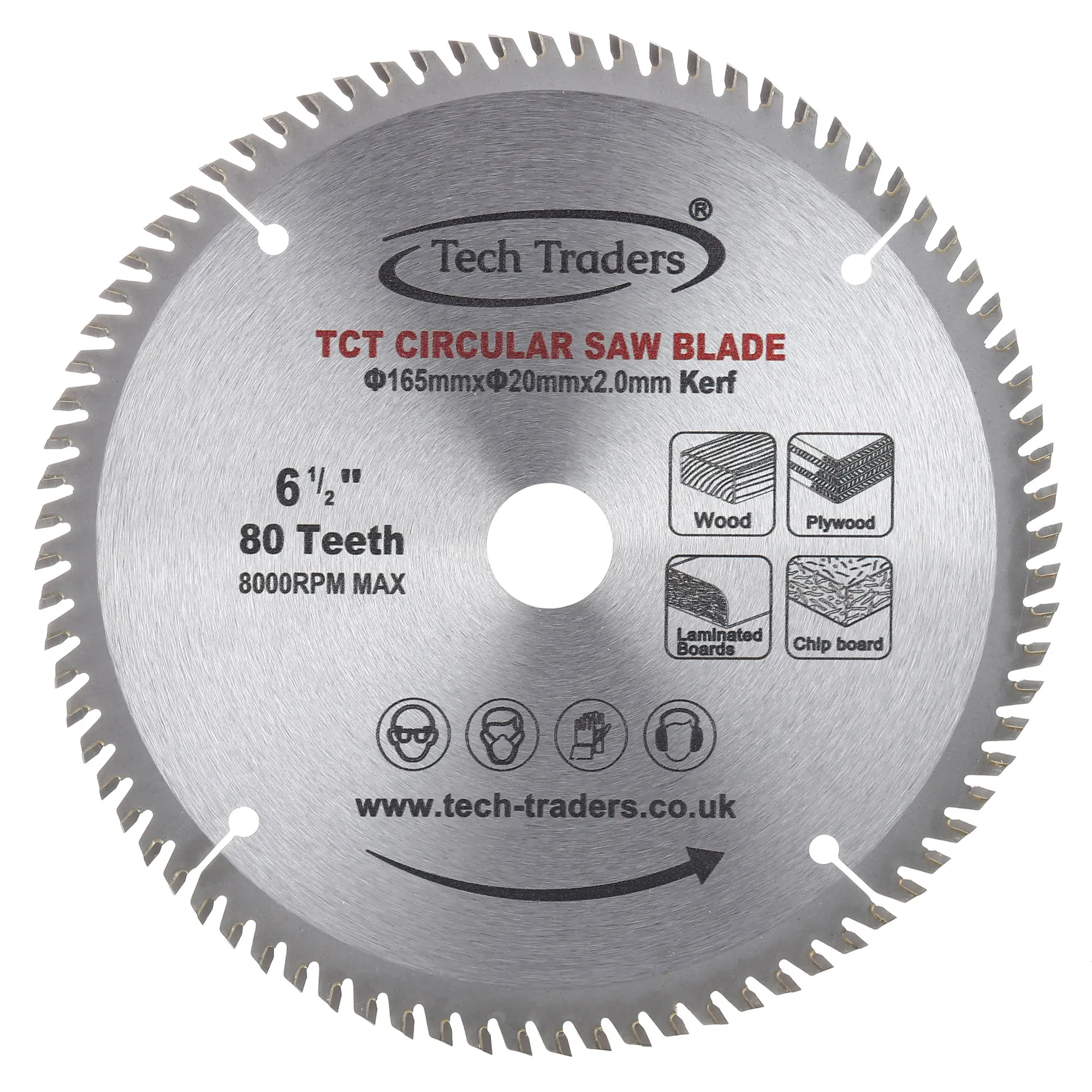 6-1/2 Inch TCT Circular Ultra-Fine Finish Cordless Woodworking Saw Blade 165mm x 80T x 20mm Bore for Miter Saws and Table Saws