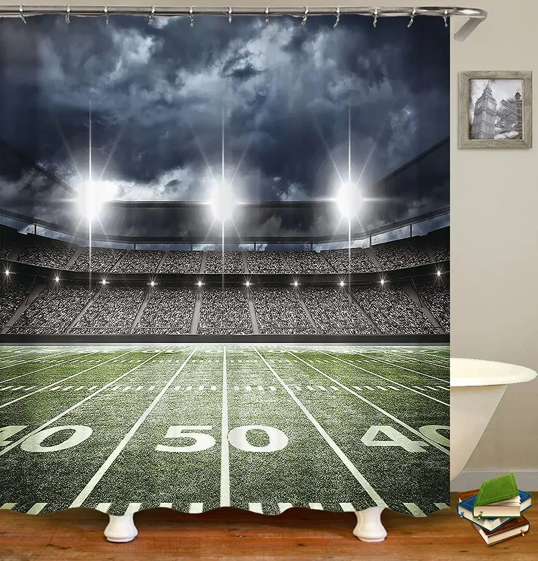 American Football Printed Shower Curtain Stadium Field Teens Sports Bathroom Curtains Decoration Bathtub Screen with Hooks