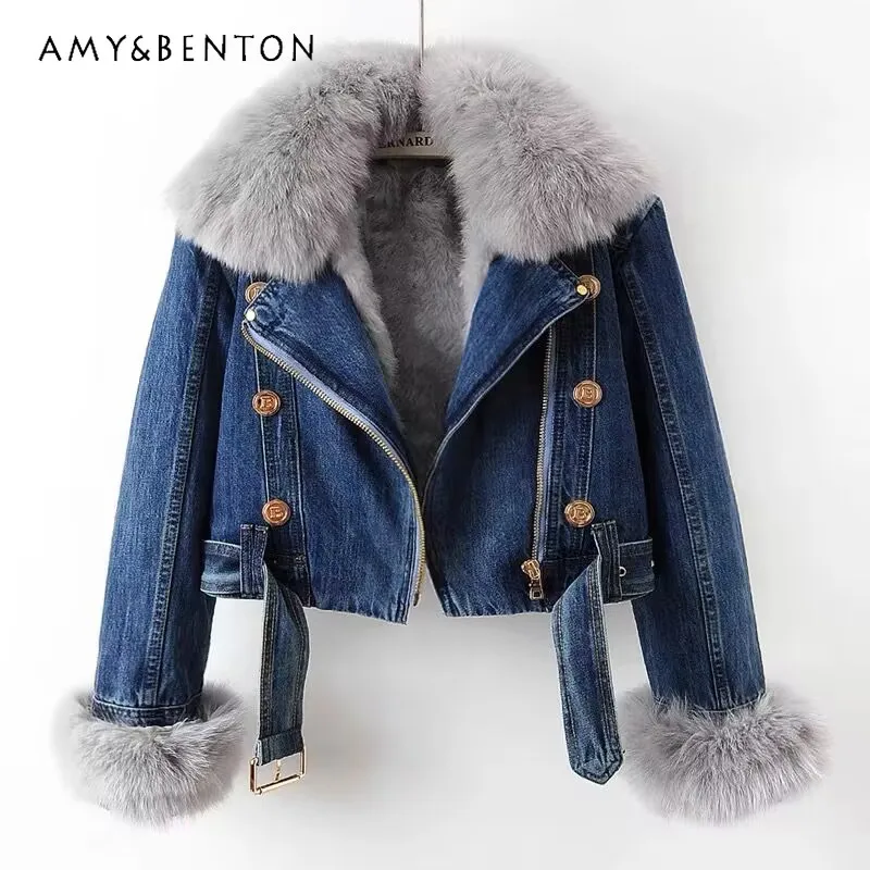 

Autumn Winter New Removable Imitation Fox Hair Lapel Thickened Denim Jacket Women Commuter Style Fashion Short Faux Fur Coat