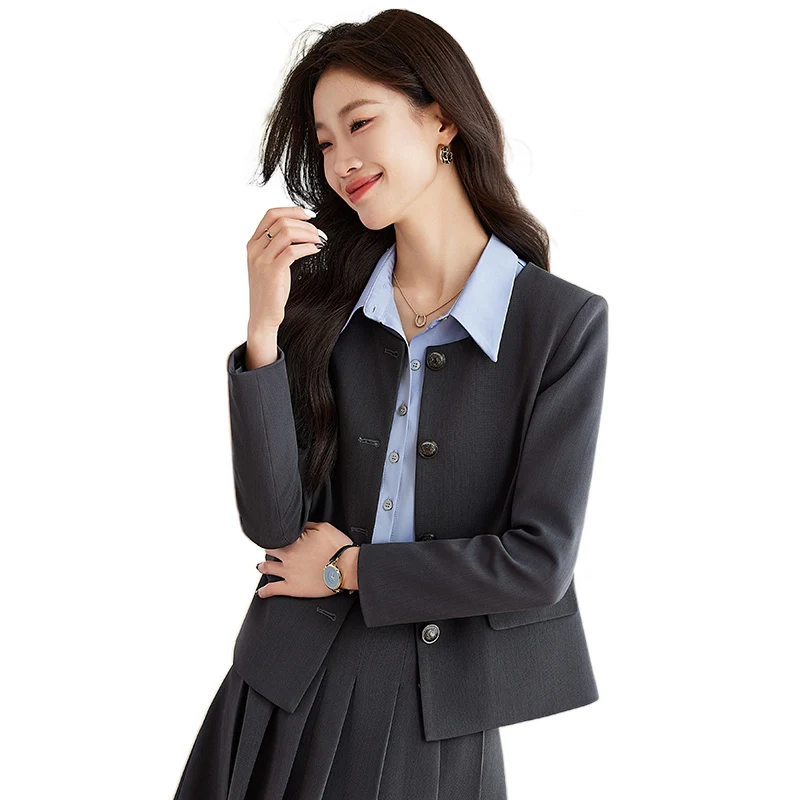 ฤดูใบไม้ผลิฤดูใบไม้ร่วงชุดผู้หญิงสีดําสีเทา Elegant รอบคอเดี่ยว Breasted Blazers Coat + เอวสูงจีบกระโปรง Midi 2 ชิ้นชุดใหม่