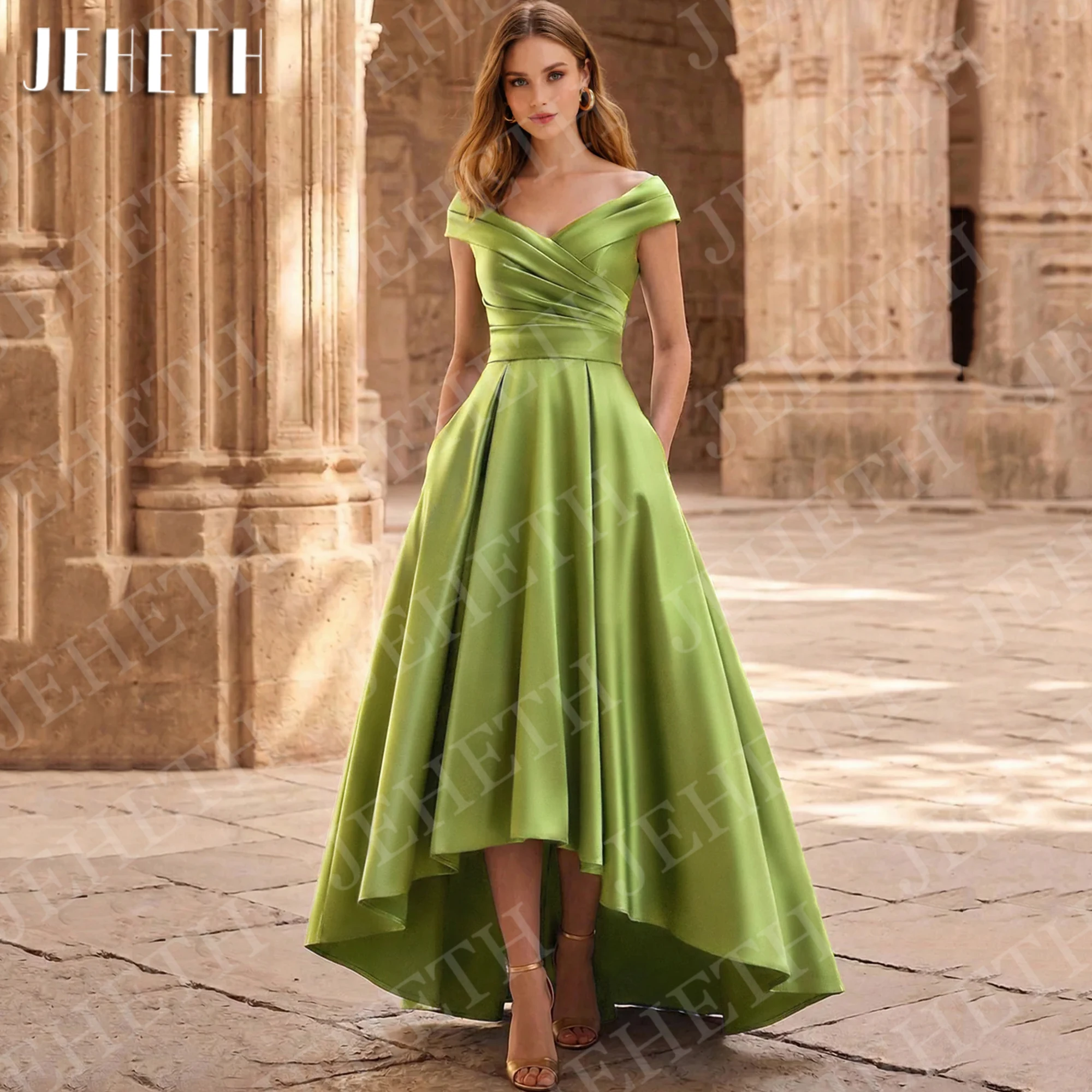 JEHETH Evening Dresses Off Shoulder Customized Prom Gowns Woman Green Satin High Low A Line Formal Party Dress with Pockets 2026