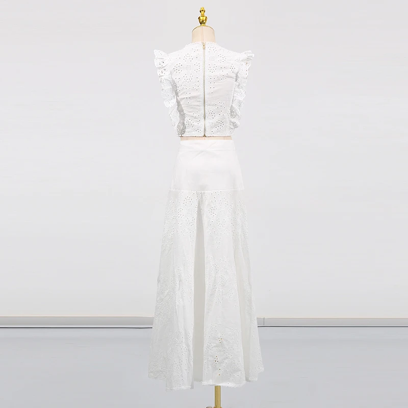 KBQ Elegant Solid Two Piece Set for Women V Neck Sleeveless Short Top High Waist Loose Long Skirts Hollow Out Set Female Fashion