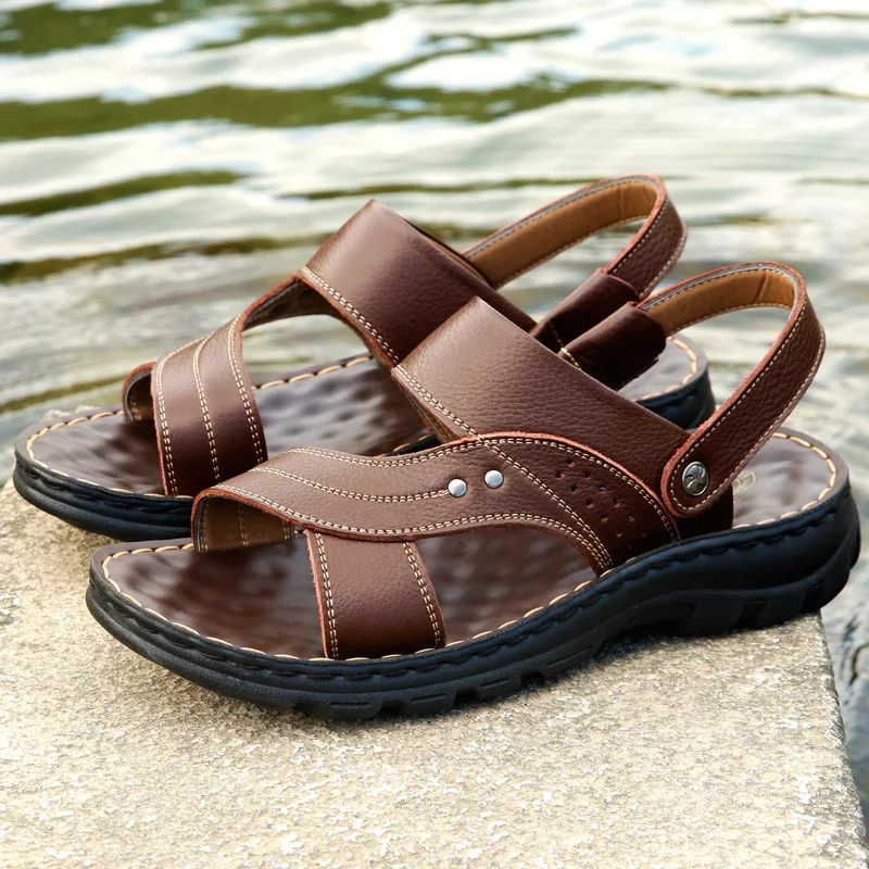 Men's Casual Leather Sandals Breathable Waterproof Slip-On Shoes Thick Bottom Large Size Beach Sandals Comfortable Wear