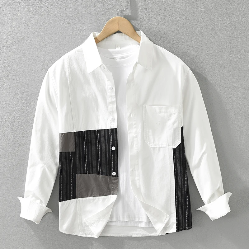 Patchwork Long Sleeve Shirt for Men Casual Fashion 2024 Autumn New Men's Clothing